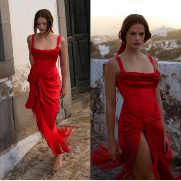 For Love And Lemons Anisa Dress Midi Fringe Lace Up Back Silk Red New NWT Medium - Picture 3 of 7